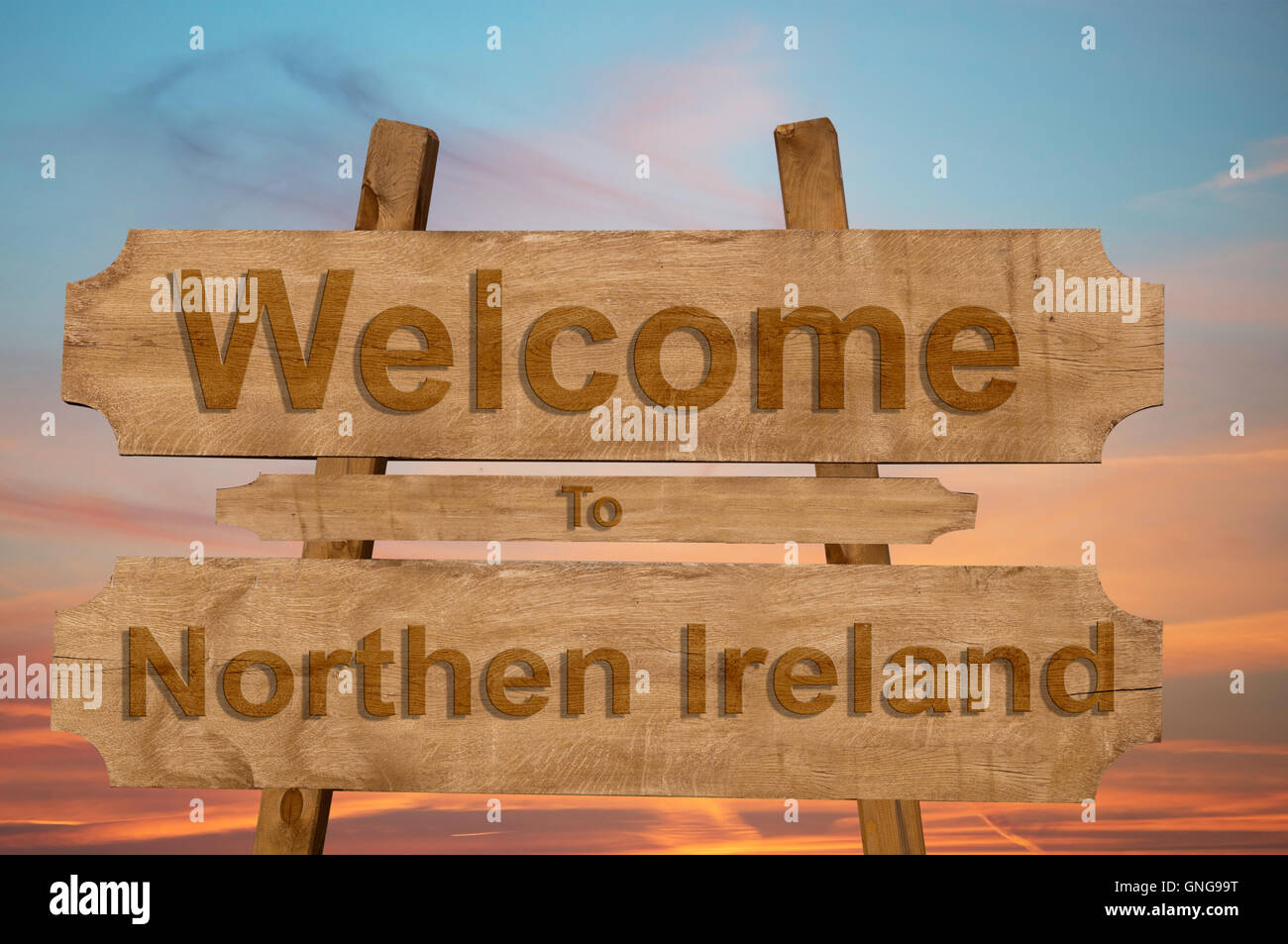 Willkommen im nördlichen Irland singen auf Holz Hintergrund Stockfoto