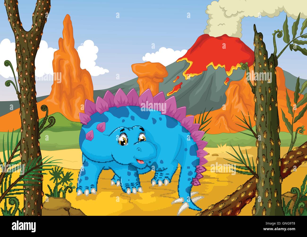 lustige Stegosaurus Cartoon mit Vulkan Landschaft Hintergrund Stock Vektor