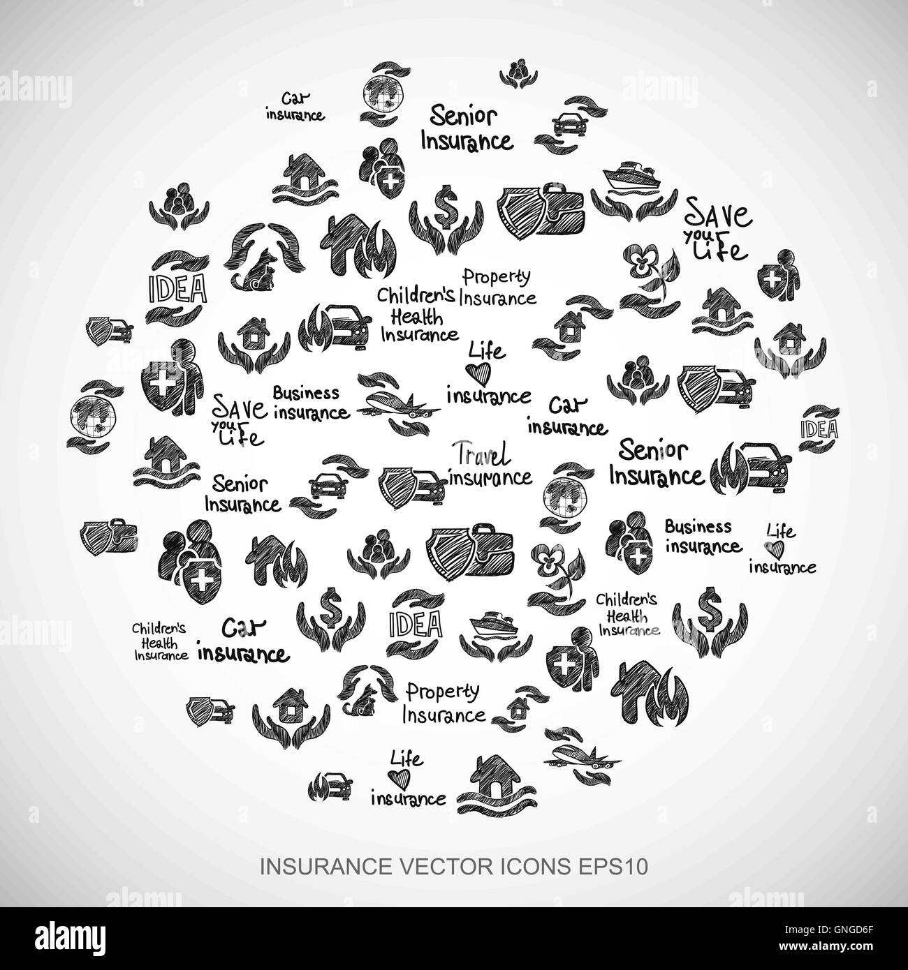 Schwarzen Kritzeleien Hand gezeichnet Versicherung Symbole auf weiß gesetzt. EPS10 Vektor-Illustration. Stock Vektor