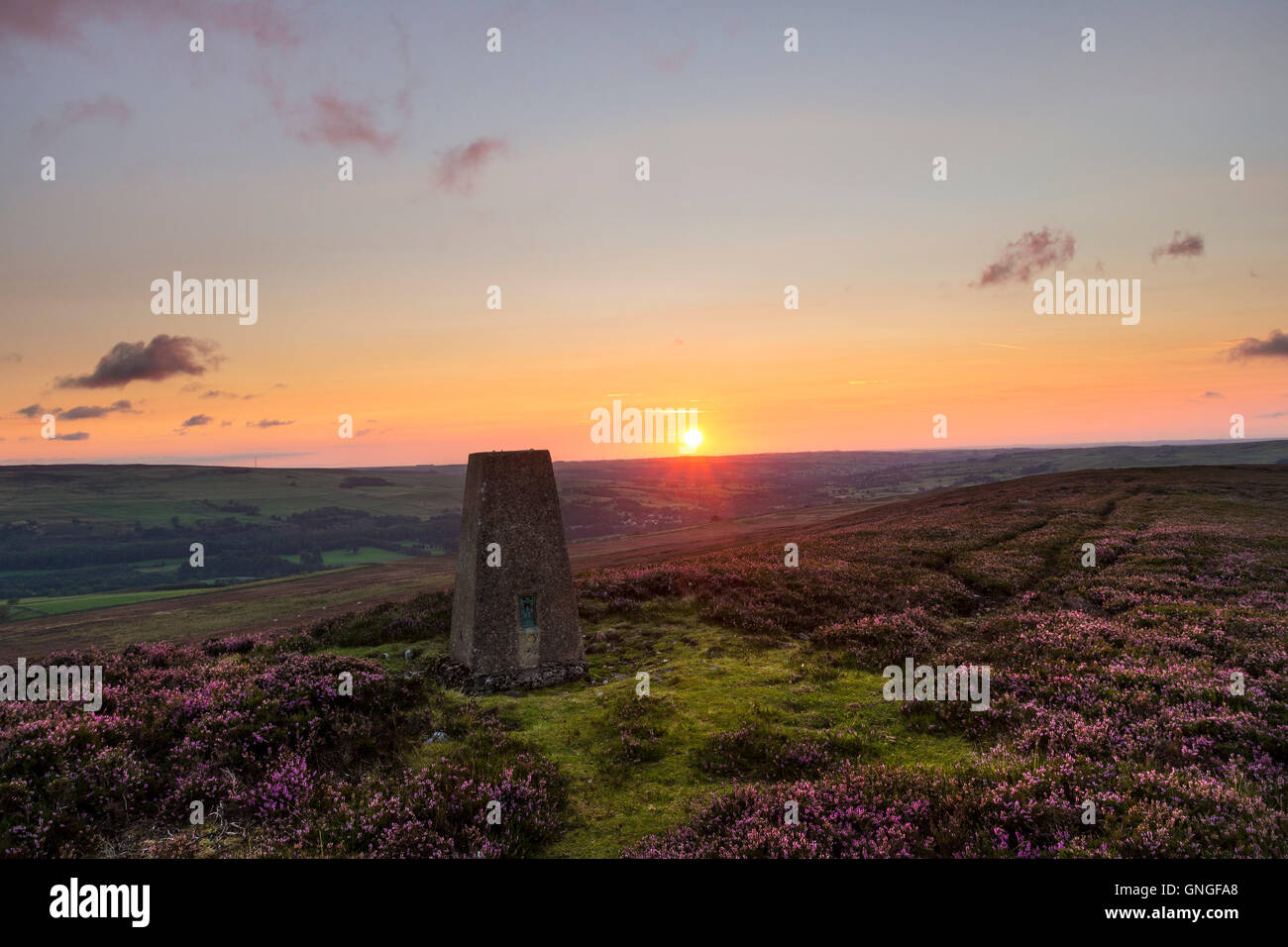 Der Gipfel Trig Punkt Catterick Hügels bei Sonnenaufgang, Weardale, County Durham UK Stockfoto