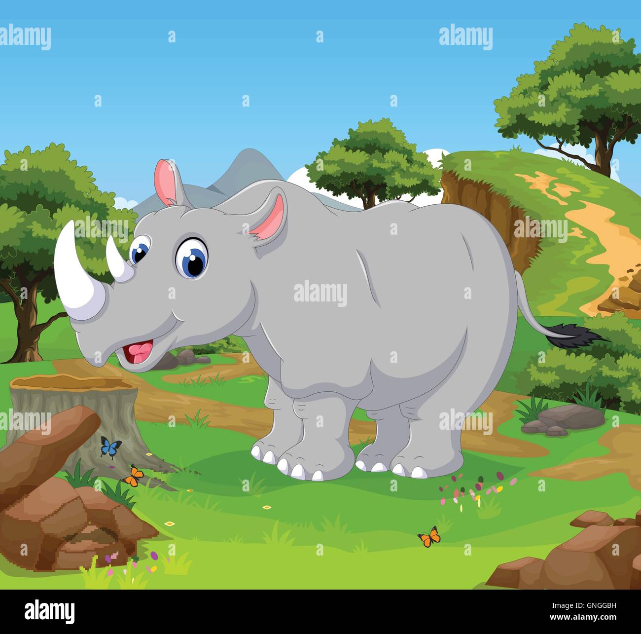 lustige Rhino Cartoon posiert im Dschungel mit Landschaft Hintergrund Stock Vektor