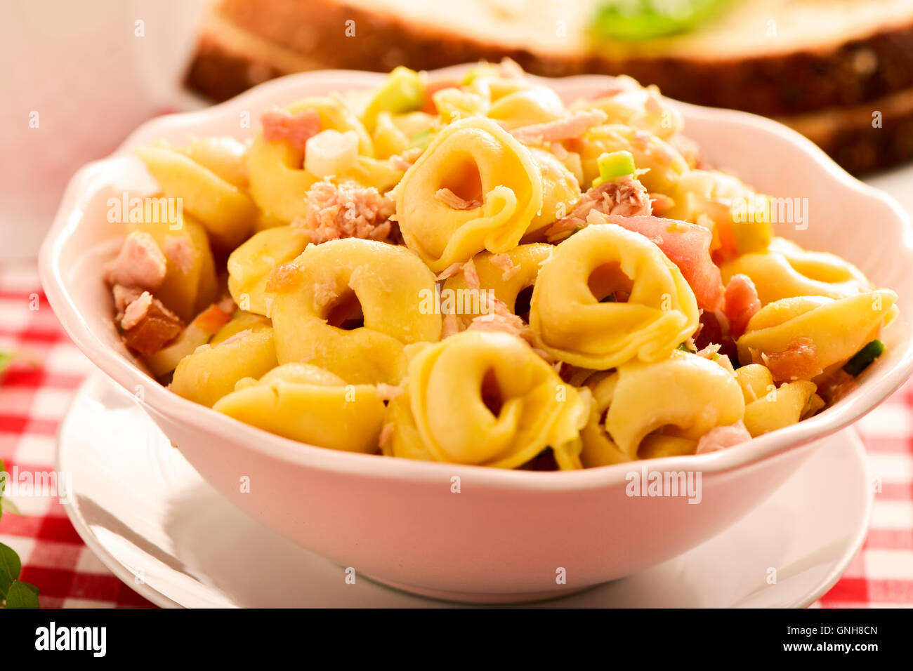 Nahaufnahme von einer Keramikschale mit einem Nudelsalat mit Tortellini auf einem Tisch mit einer rot-weiß karierte Tischdecke gemacht Stockfoto