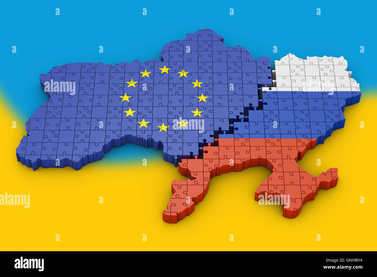 Puzzle in der Form der Grenzen der Ukraine. 3D Render. Stockfoto