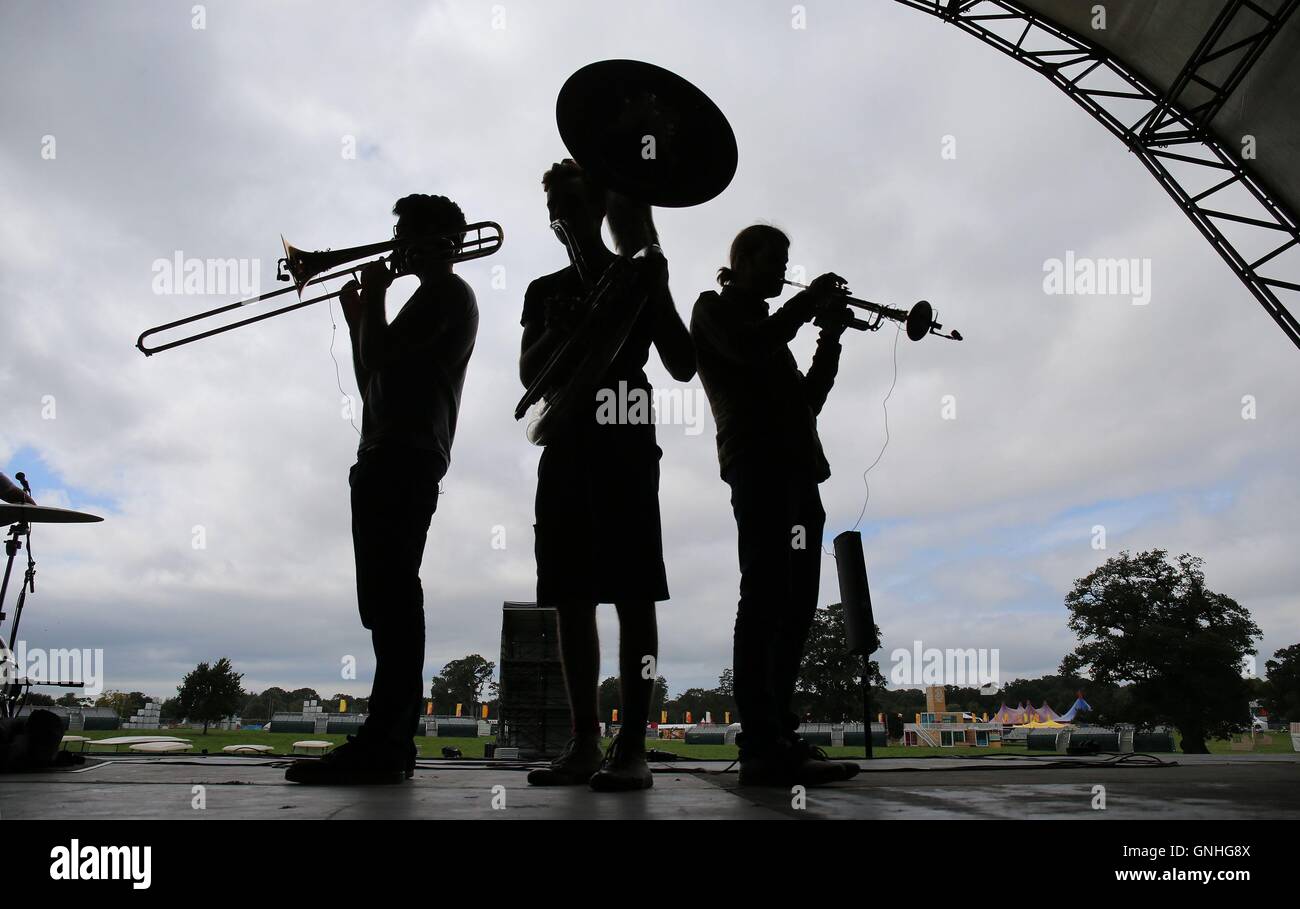 Mitglieder der Brass Band Booka führen auf der Hauptbühne während eines Presse-Preview des Electric Picnic Festival in Stradbally, County Laois. Stockfoto
