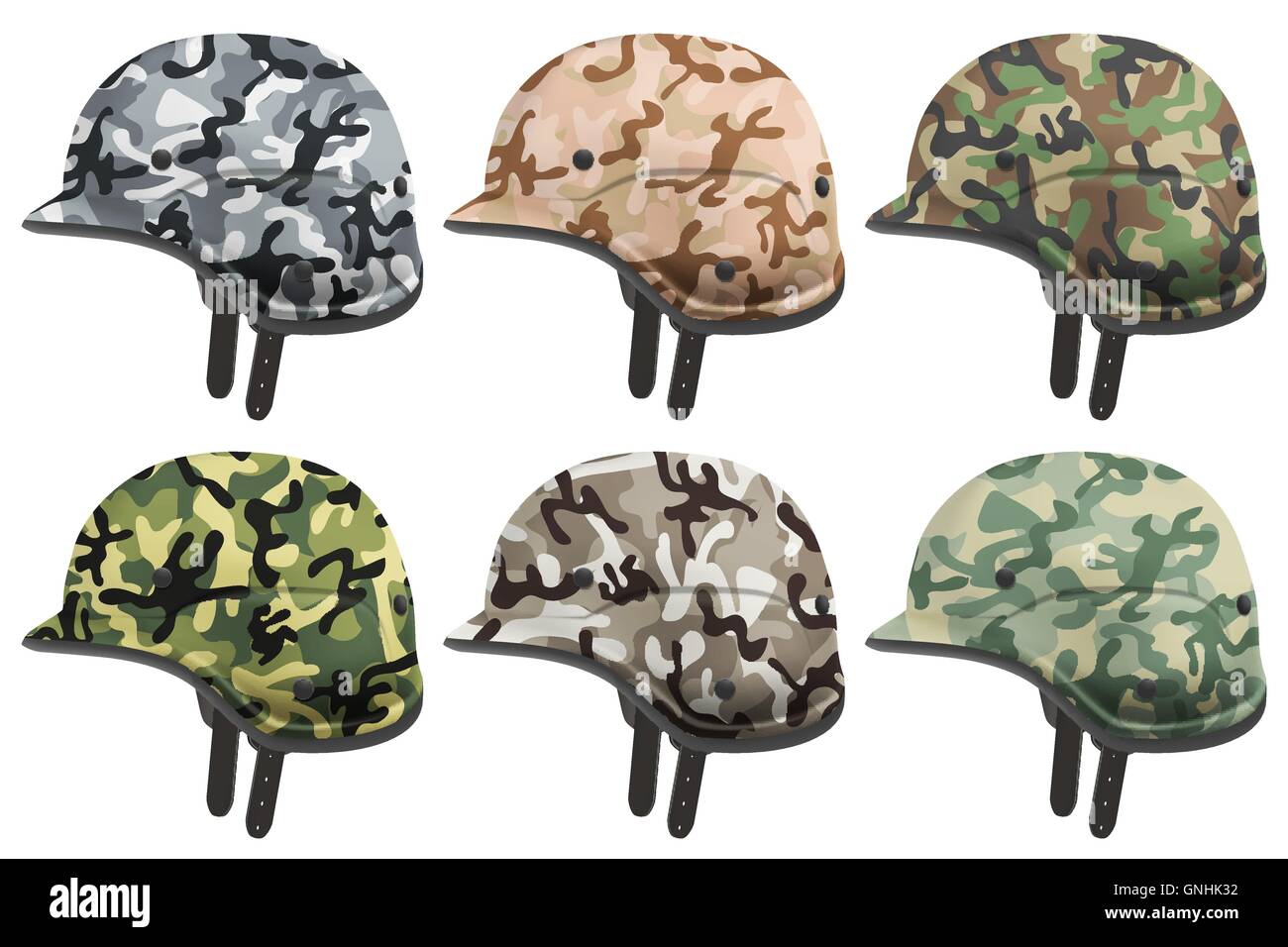 Satz von militärischen moderne Tarnung Helme. Seitenansicht. Stock Vektor