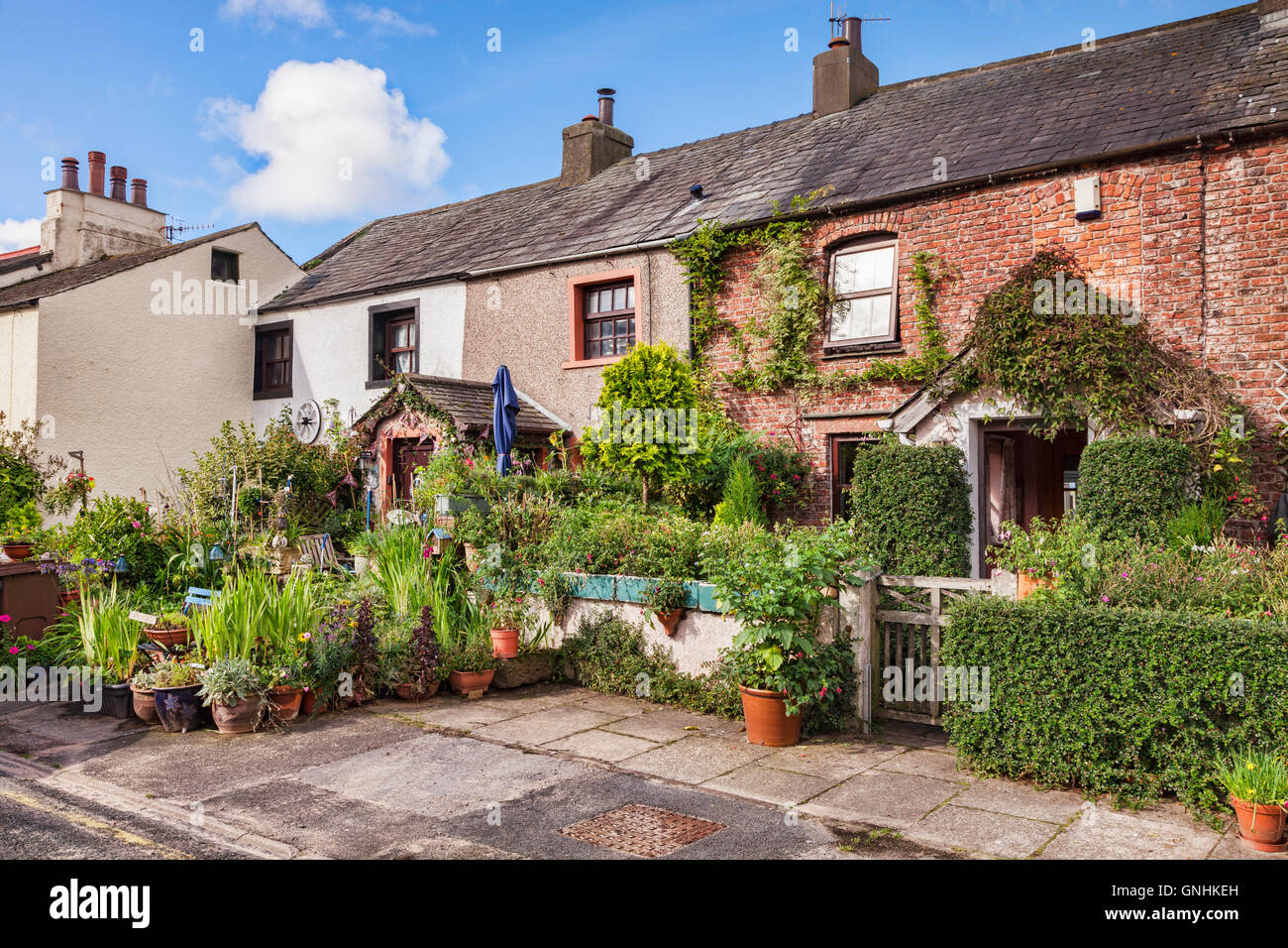 Reihe von Hütten mit Topfpflanzen und schönen Sommergarten in Main Street, Ravenglass, Cumbria, England, UK Stockfoto