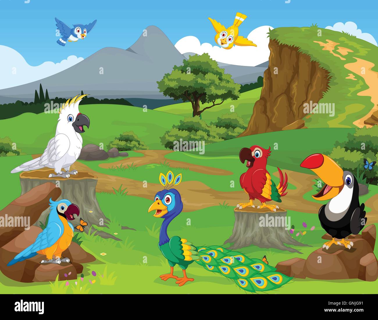 lustige Vögel Cartoon den Dschungel mit Landschaft Hintergrund einmal anders Stock Vektor