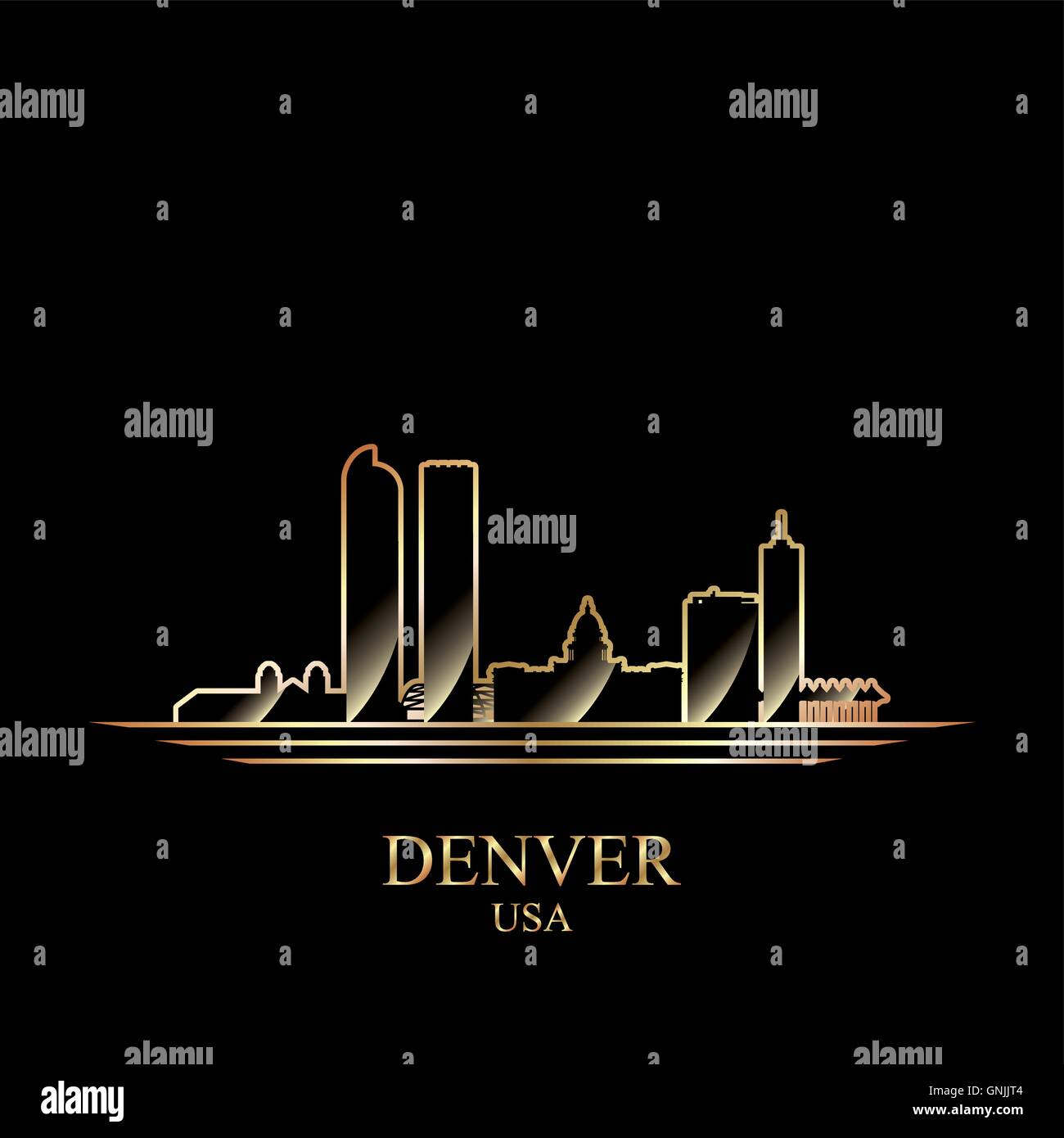 Goldene Silhouette des Denver auf schwarzem Hintergrund Stock Vektor