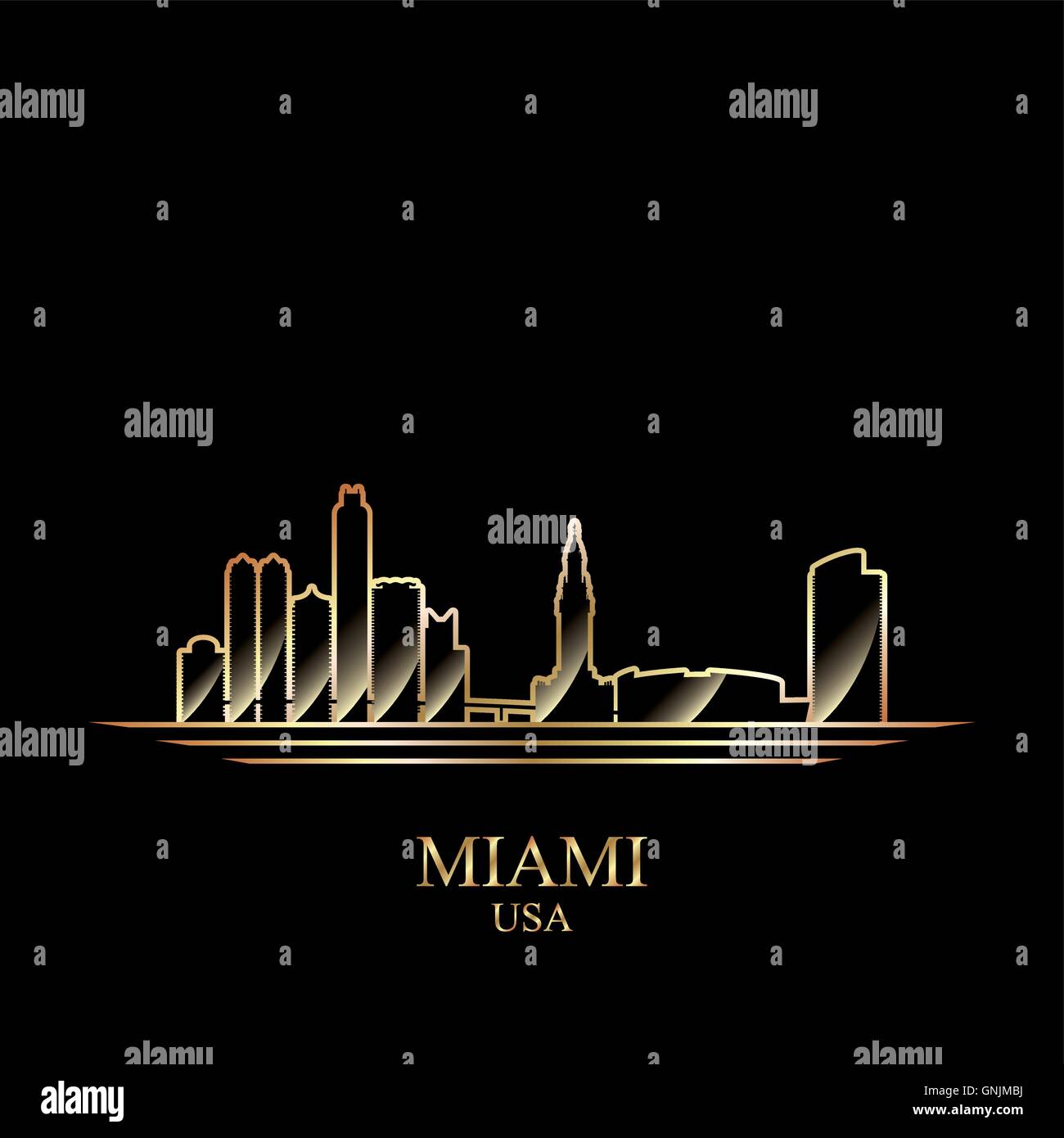 Goldene Silhouette von Miami auf schwarzem Hintergrund Stock Vektor