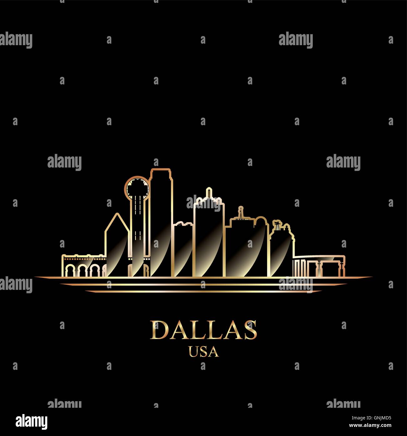 Gold Silhouette von Dallas auf schwarzem Hintergrund Stock Vektor