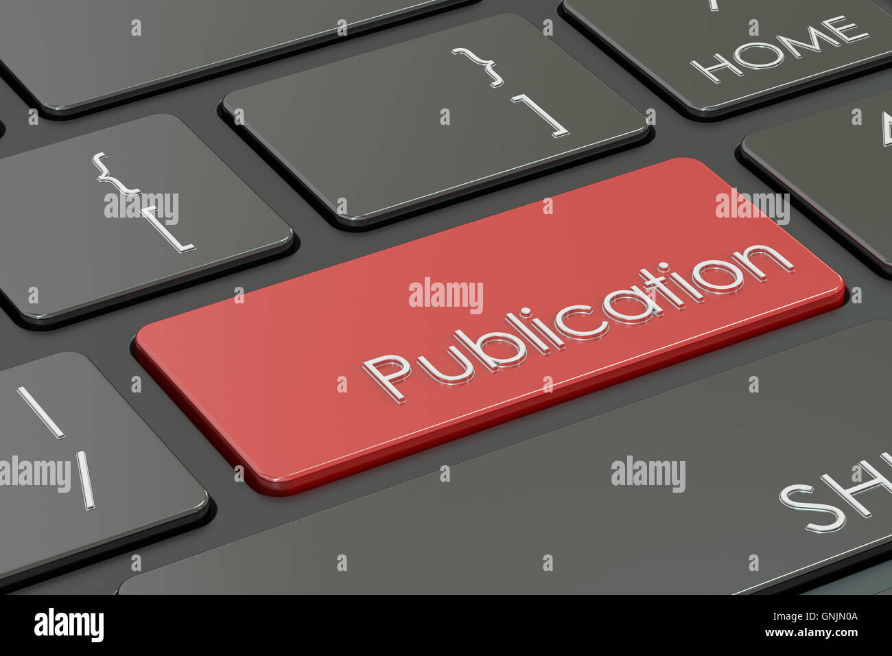 Publikation-Taste, rote Taste auf Tastatur. 3D-Rendering Stockfoto