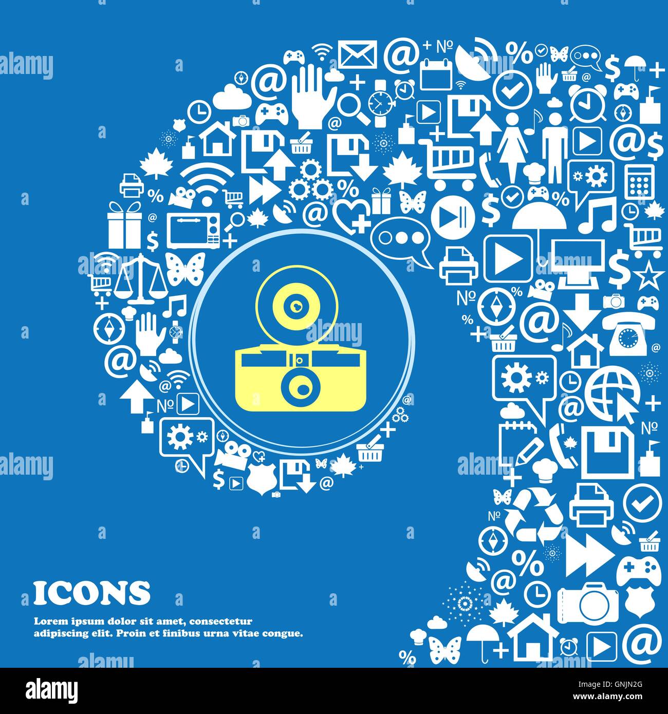 Retro-Kamera Zeichen Fotosymbol. Schöne Reihe von wunderschönen Ikonen twisted Spirale in der Mitte ein großes Symbol. Vektor Stock Vektor Retro-Kamera Zeichen Fotosymbol. Schöne Reihe von wunderschönen Ikonen twisted Spirale in der Mitte ein großes Symbol. Vektor Stock Vektor
