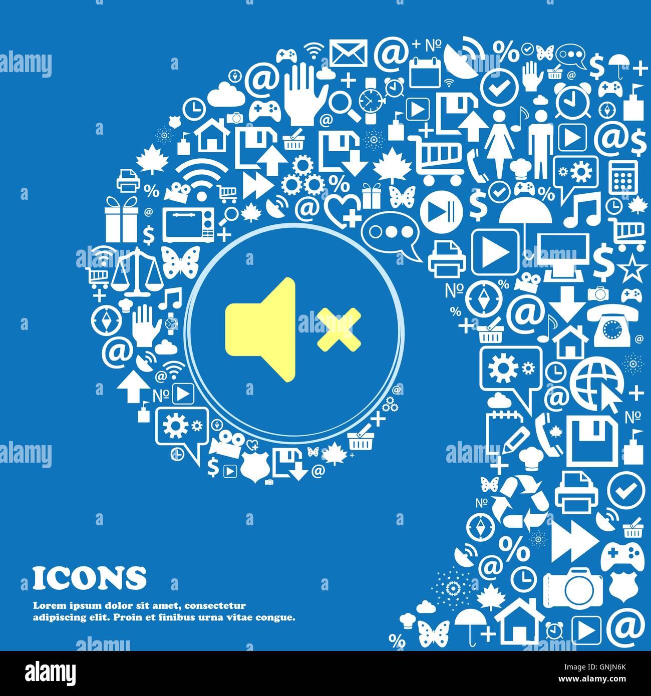 Stumme Lautsprecher, Hörzeichen Symbol. Schöne Reihe von wunderschönen Ikonen twisted Spirale in der Mitte ein großes Symbol. Vektor Stock Vektor