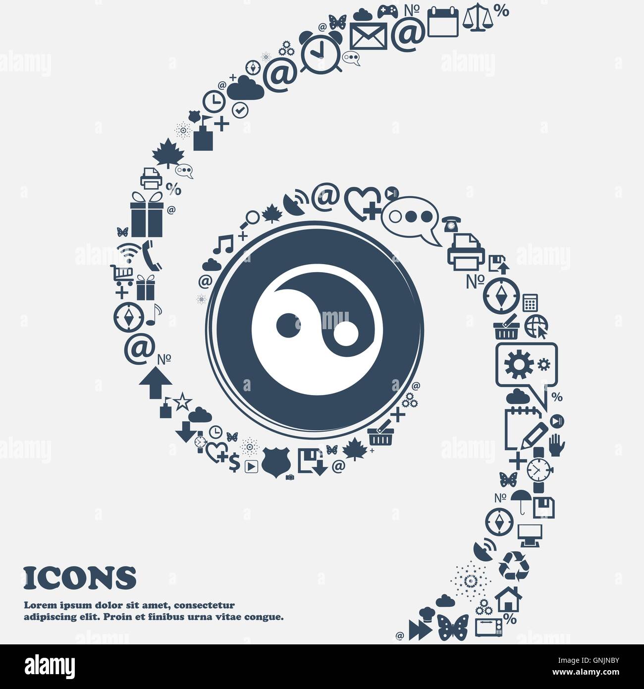 Ying Yang Symbol Zeichen in der Mitte. Um die vielen schönen Symbole in einer Spirale gewickelt. Sie können jeweils separat für Ihr d Stock Vektor