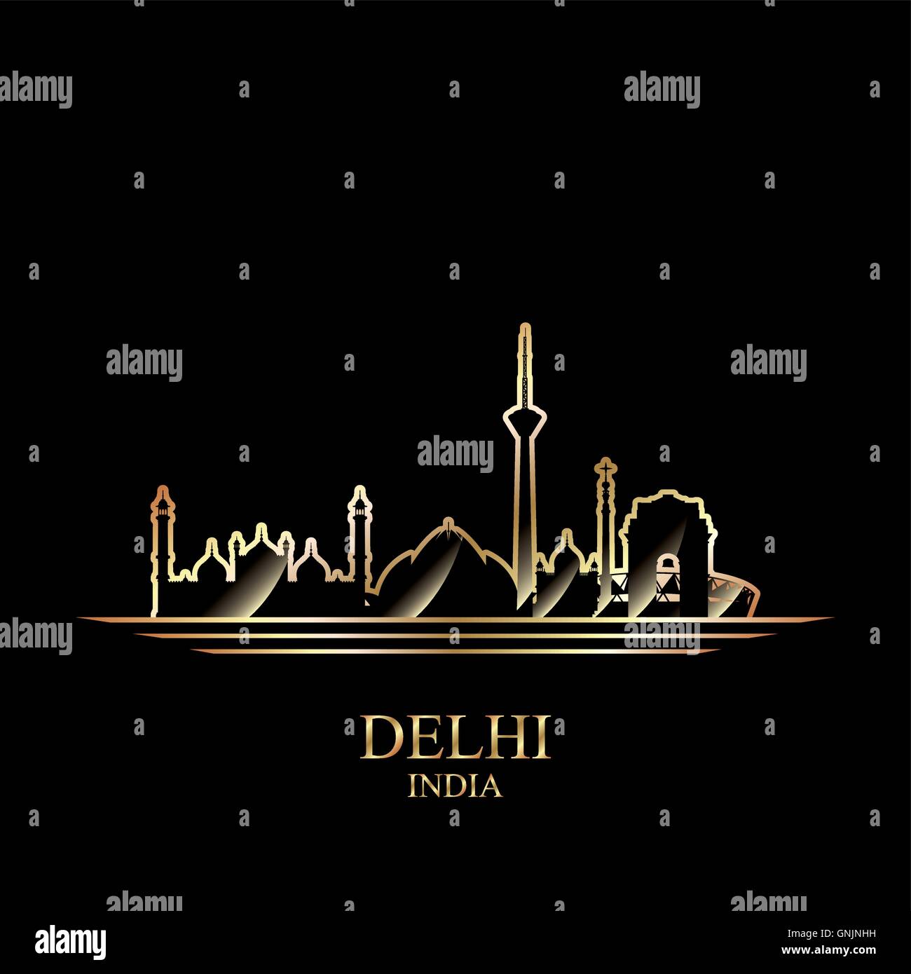 Goldene Silhouette von Delhi auf schwarzem Hintergrund Stock Vektor