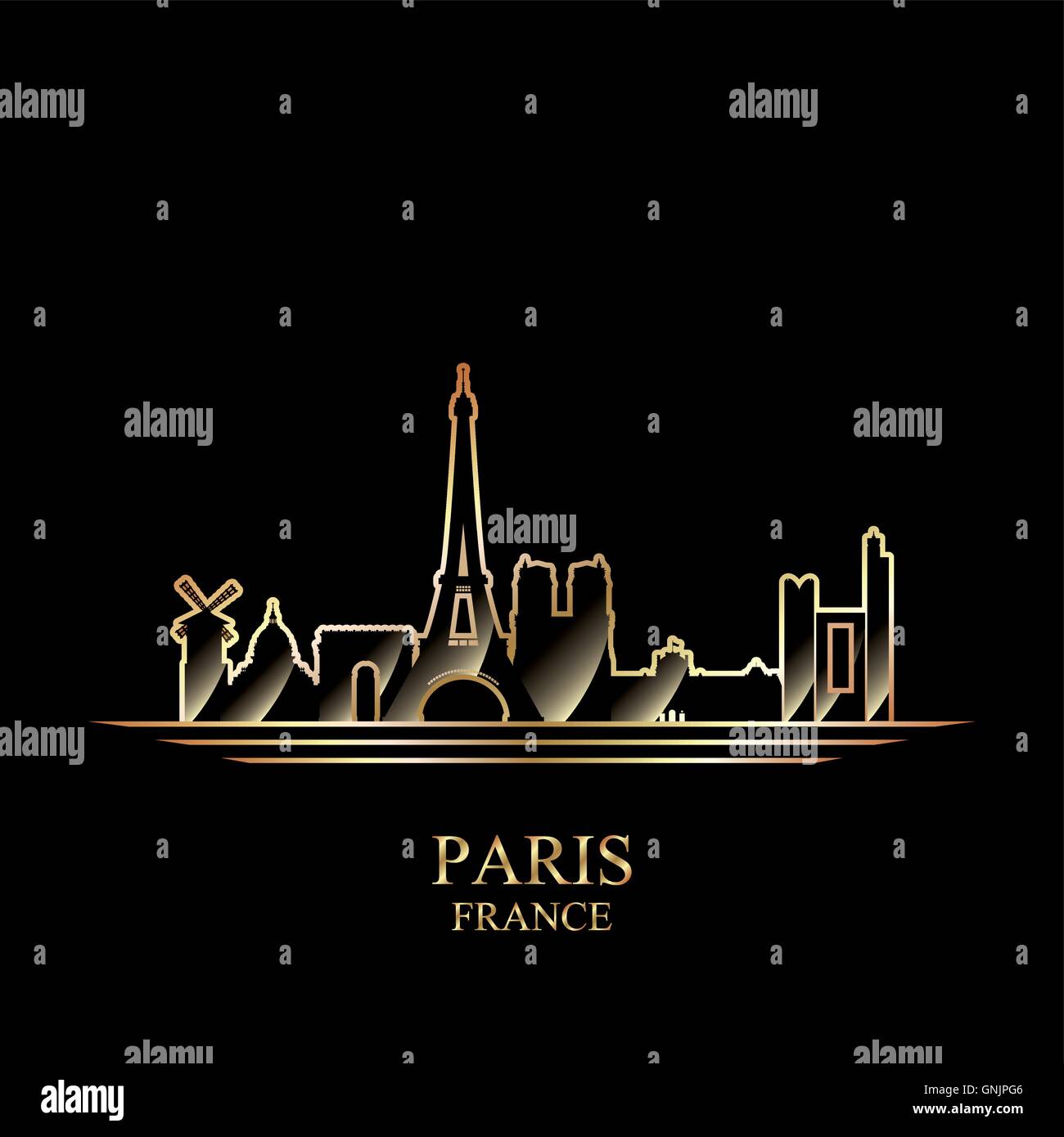 Goldene Silhouette von Paris auf schwarzem Hintergrund Stock Vektor