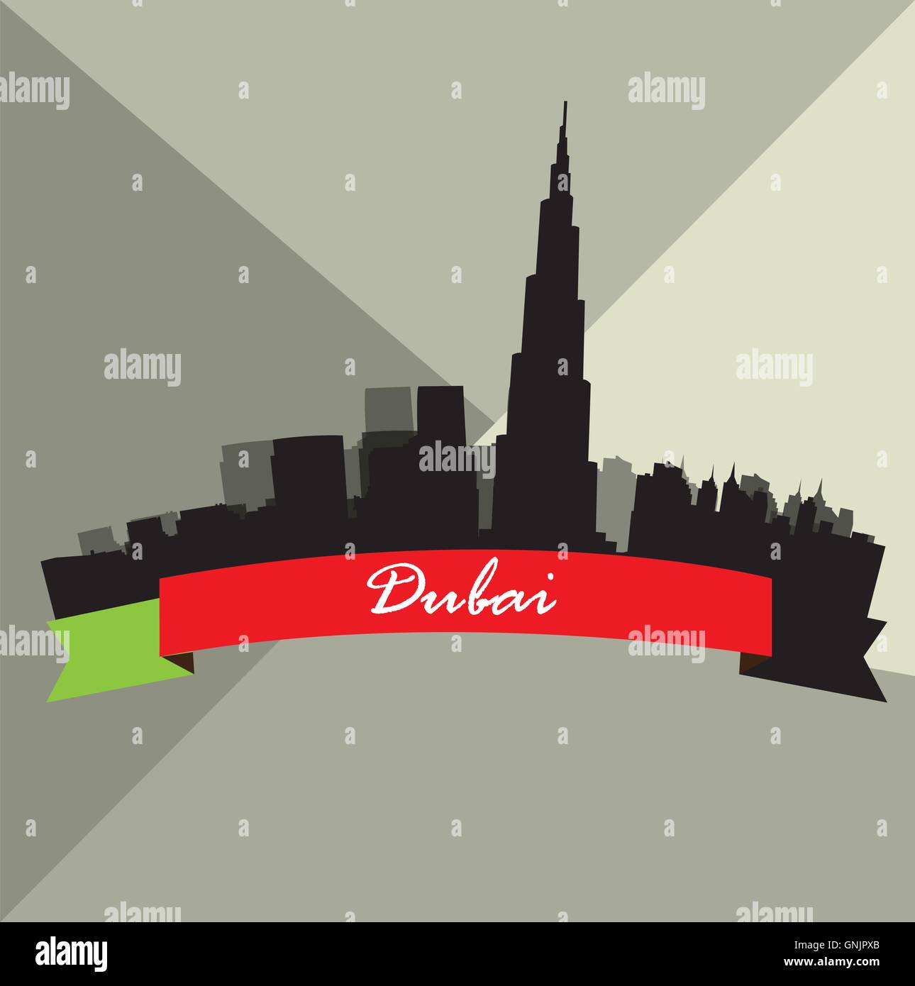 Isolierte Skyline von Dubai mit einer Schleife mit Text auf farbigem Hintergrund Stock Vektor