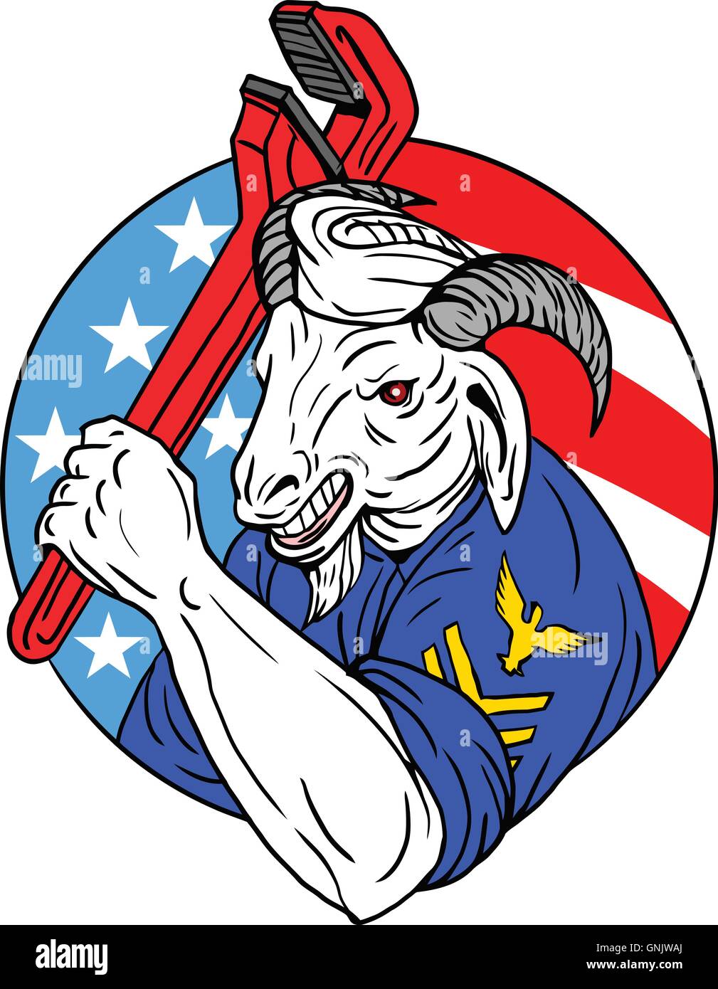 Navy Goat Holding Rohrzange USA Flagge Kreis Retro Stock Vektor