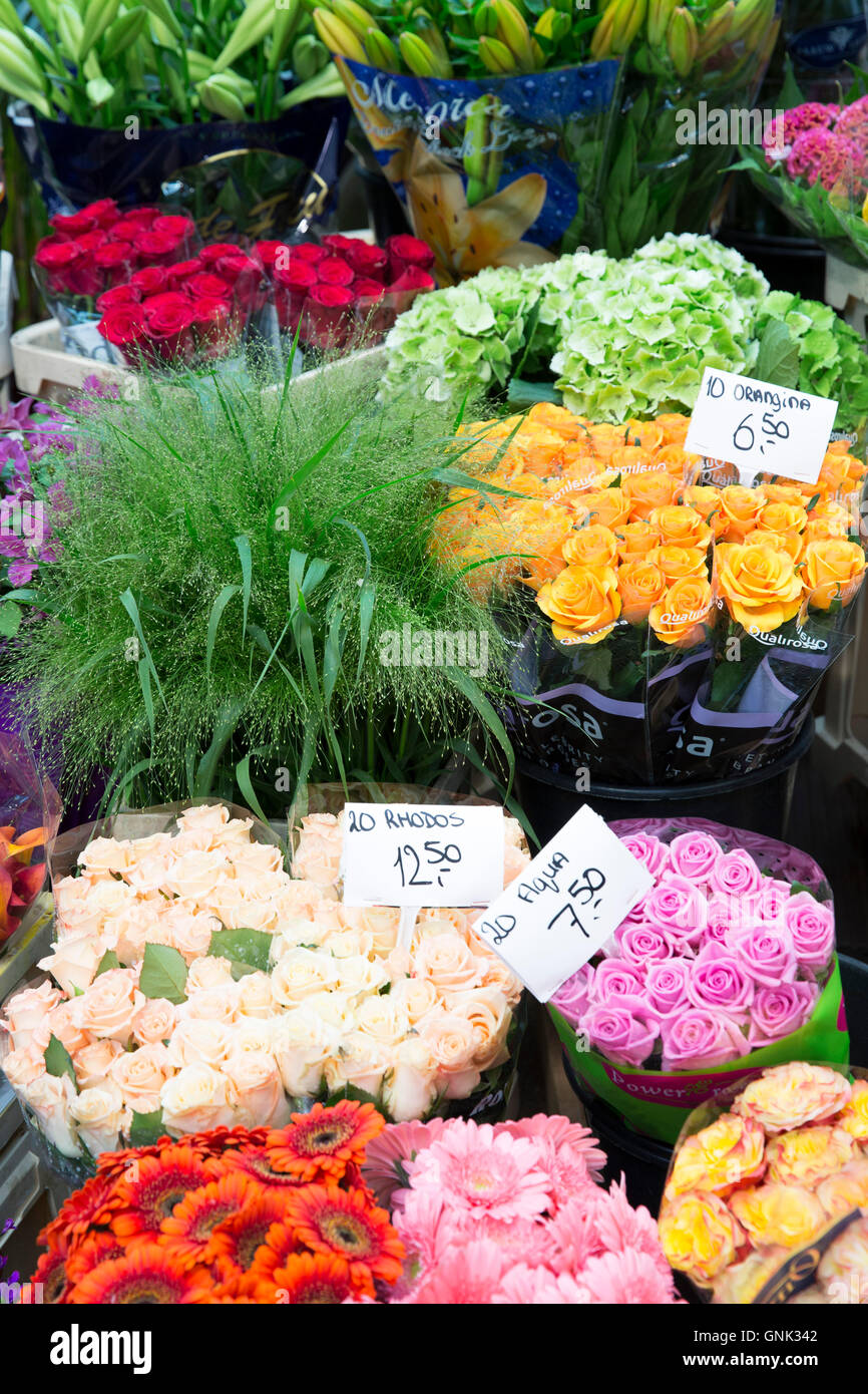 Reihe von hellen Farbe Blumen - Rosen, Gerbera, am berühmten Blumenmarkt, Bloemenmarkt in Amsterdam, Holland Stockfoto