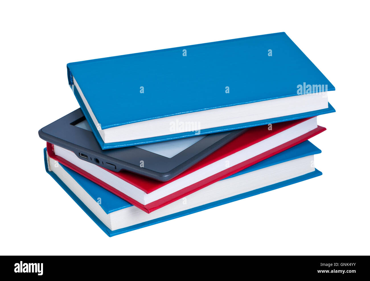 E-Reader in einem Stapel Bücher. Stockfoto