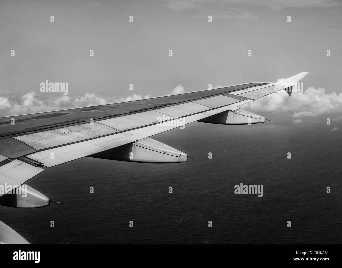 Ein Blick auf einen Passagierjet Flügel von der Kabine während des Fluges aus gesehen Stockfoto