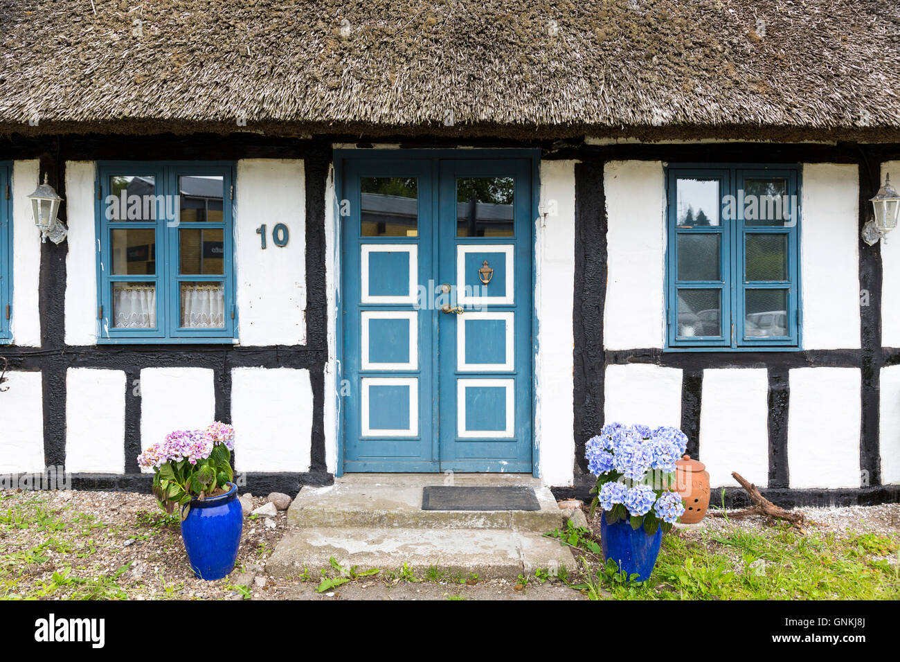 Malerische alten Fachwerkhäusern strohgedeckten Hütte nach Hause auf der Insel Fünen, Dänemark Stockfoto