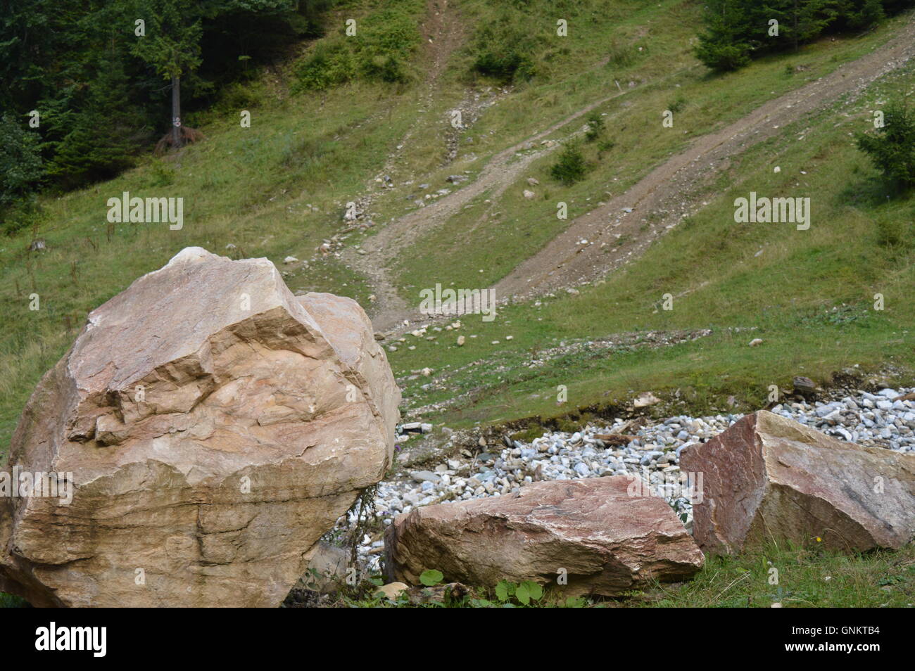 Ein großer Burgunder Stein auf einem Wanderweg Stockfoto