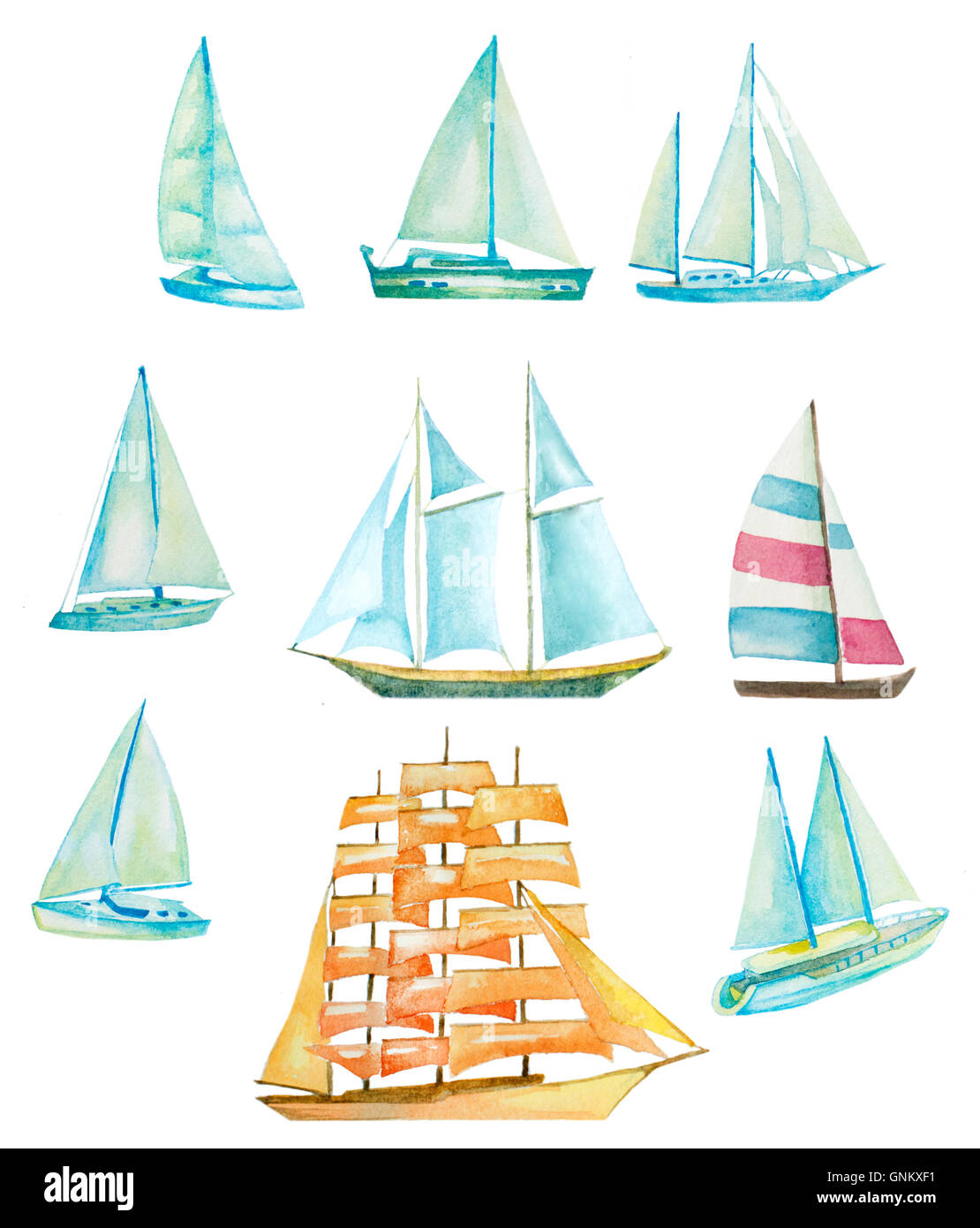 Satz von Aquarell segeln, Boote, Yachten, Schiffe auf Weiß Stockfoto Satz von Aquarell segeln, Boote, Yachten, Schiffe auf Weiß Stockfoto