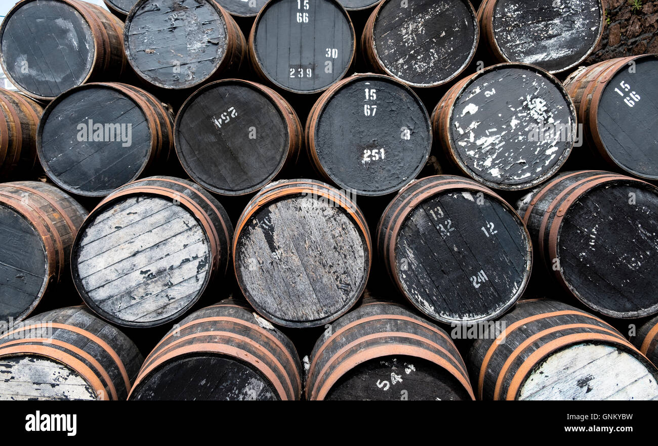 Leere Scotch Whiskyfässer in der Whiskybrennerei in Schottland, Großbritannien Stockfoto