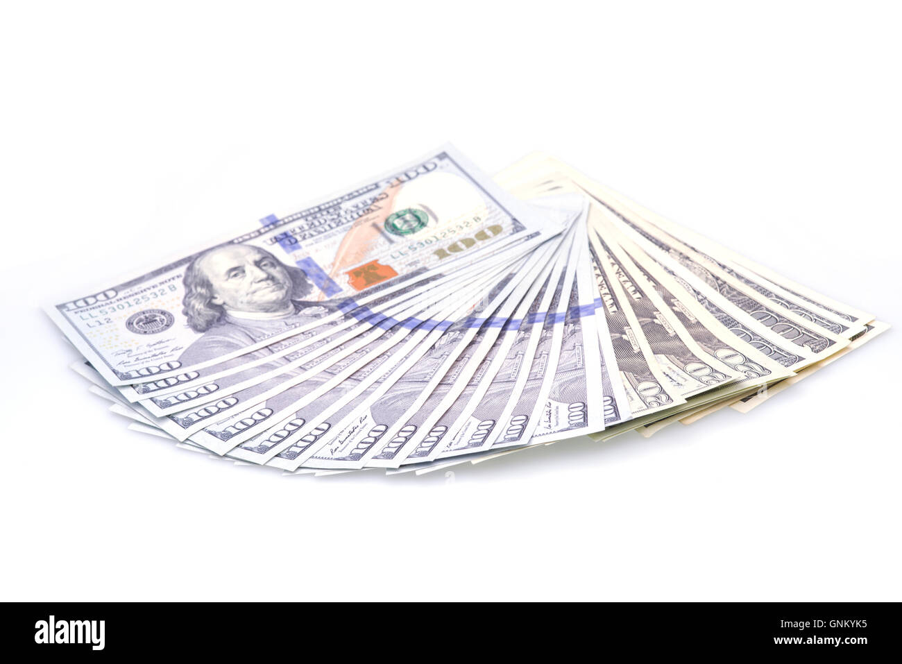 Dollar-Banknoten über weiße, neue und gebrauchte Geld Stockfoto