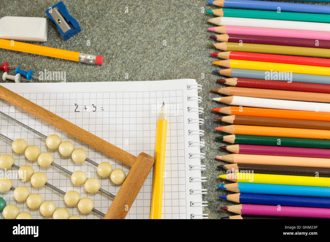 Rechner und einfache Addition Formel auf Papier Stockfoto