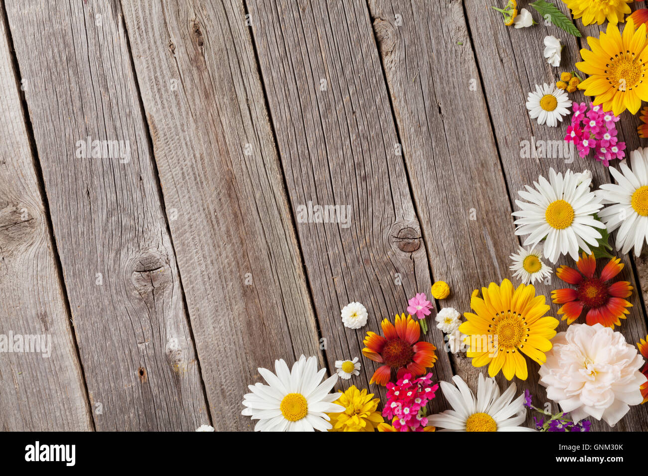 Gartenblüten und Blumen über Holztisch Hintergrund. Hintergrund mit Textfreiraum Stockfoto