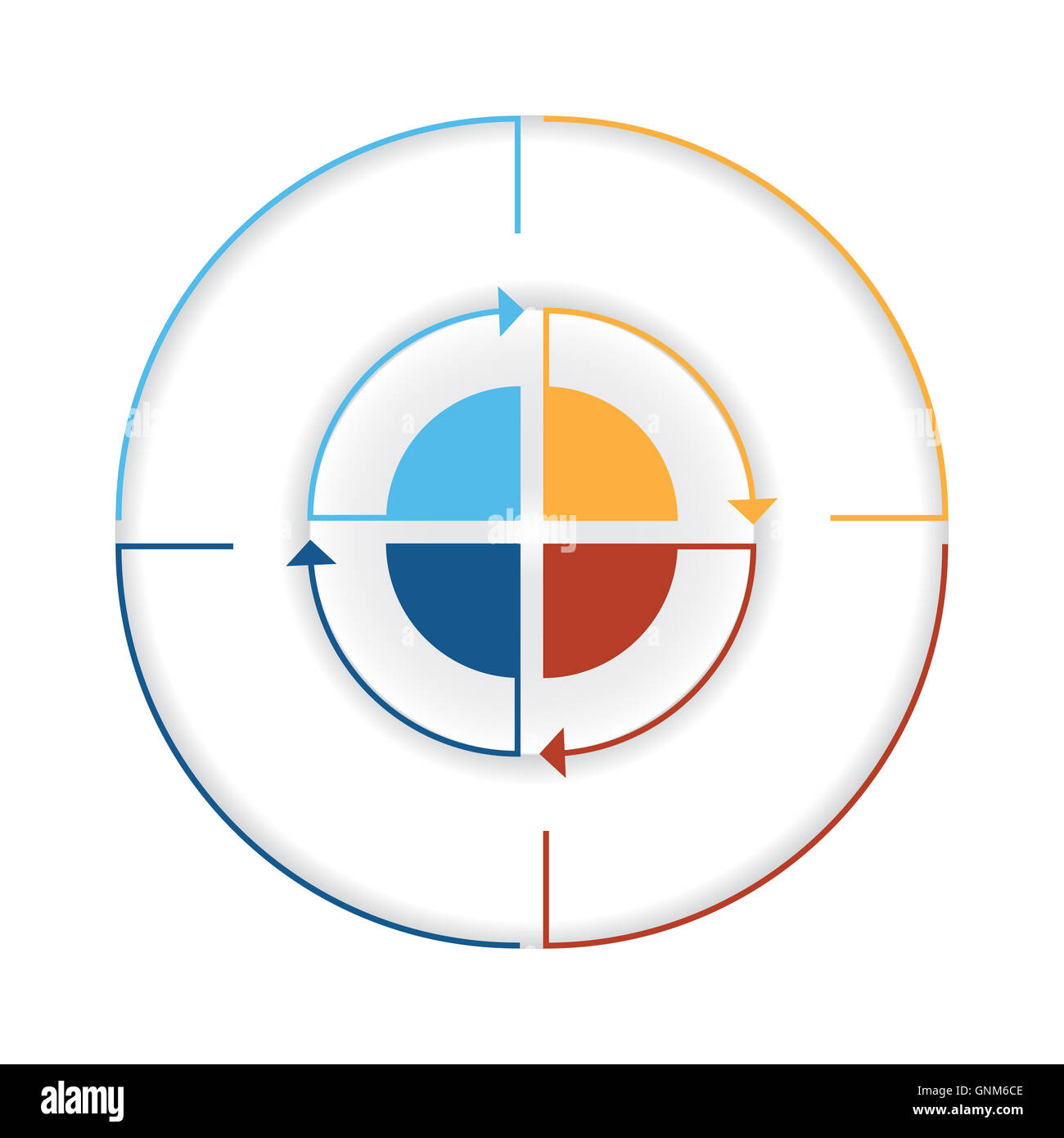 Pfeile aus bunten Linien um Kreis. Vorlage-Infografik vier-Position. Kreisdiagramm Stockfoto