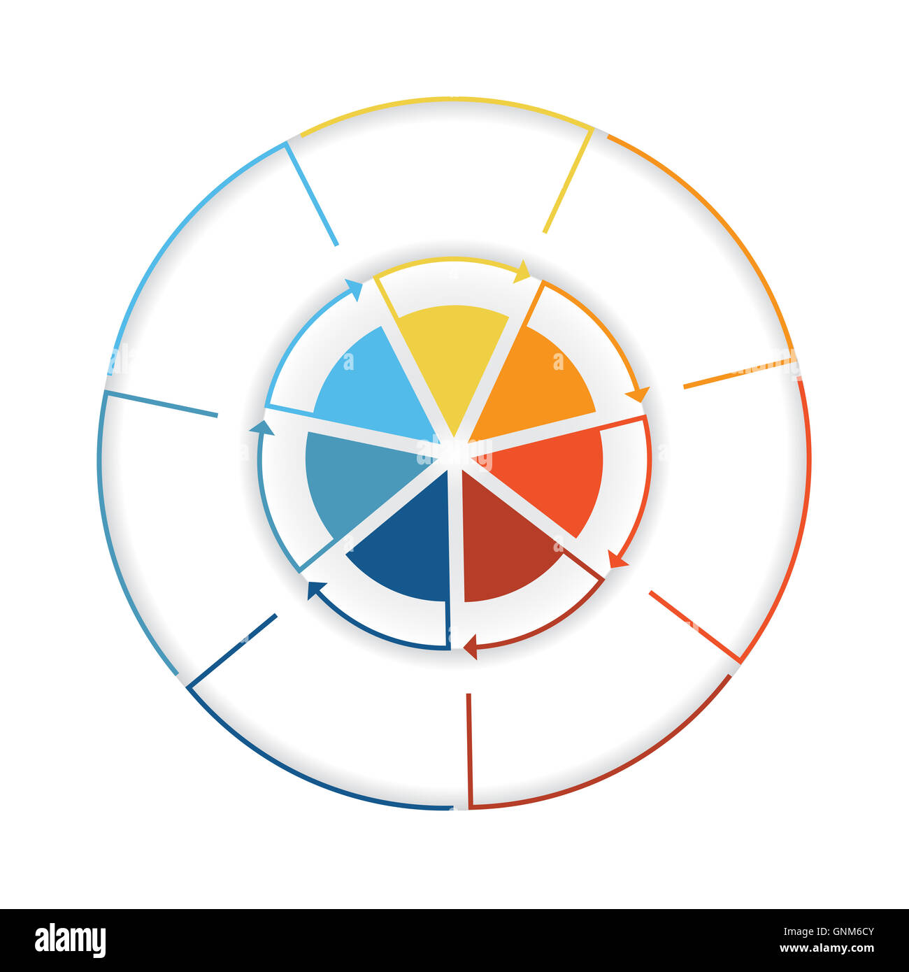 Pfeile aus bunten Linien um Kreis. Vorlage Infografik sieben Stellung. Kreisdiagramm Stockfoto