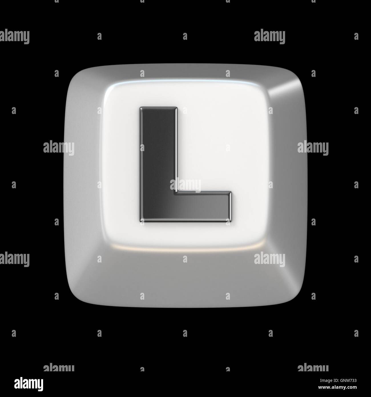 Computer-Tastatur-Taste FONT. Buchstabe L 3D-Render Darstellung auf schwarzem Hintergrund isoliert Stockfoto