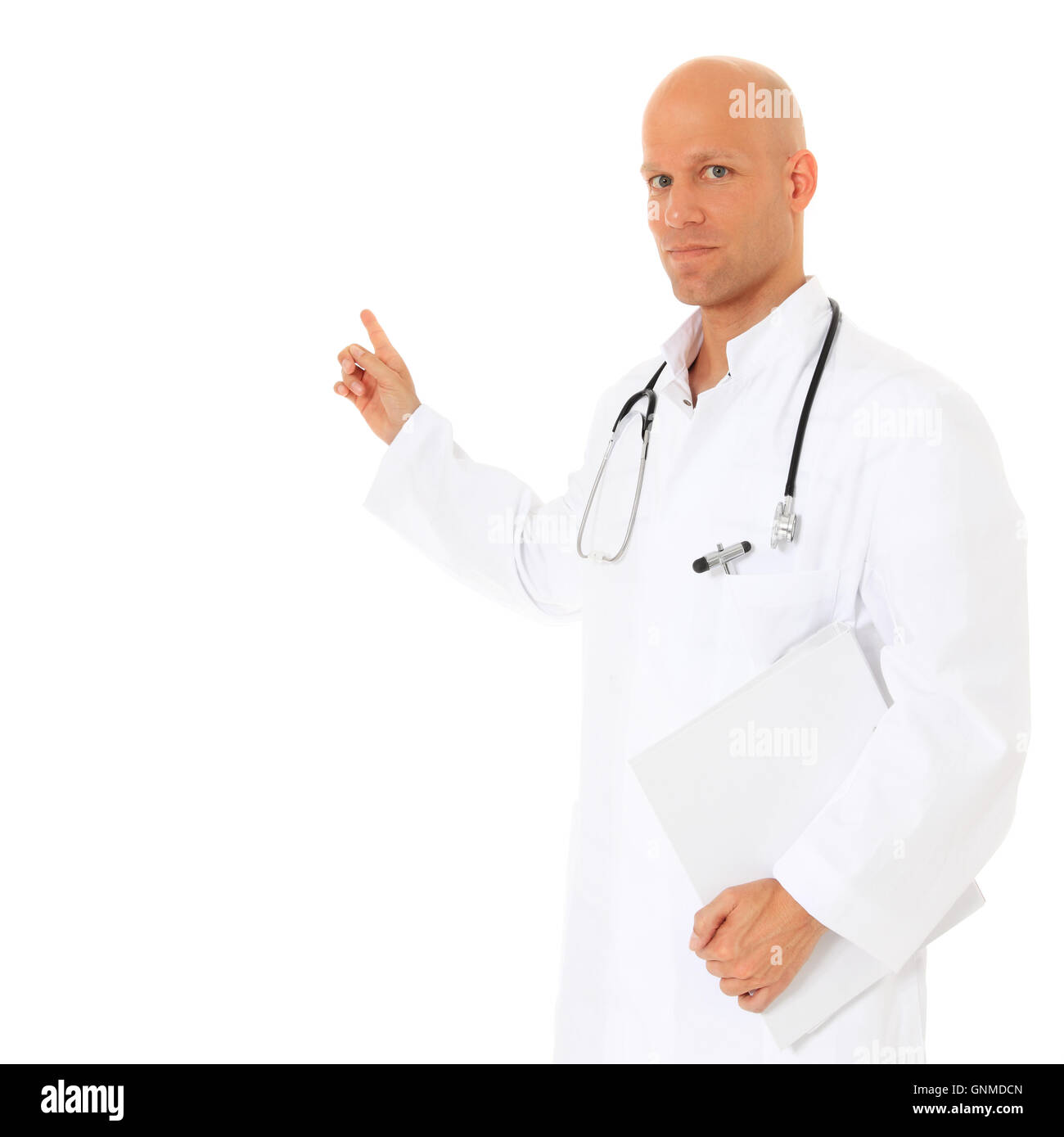 Doctor pointing to the side Stockfoto