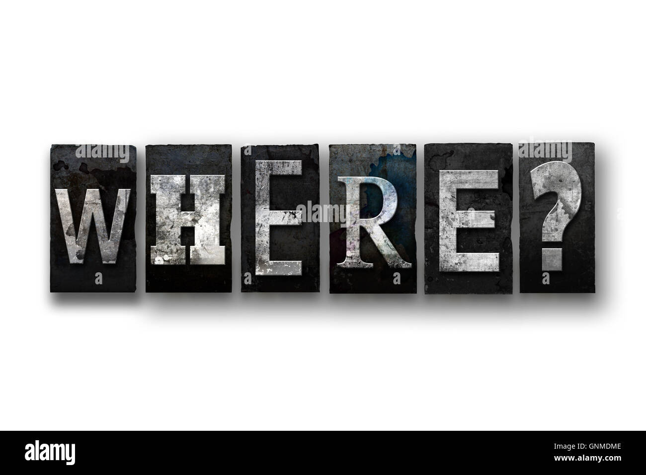 Das Wort "Wo" in Jahrgang geschrieben schmutzig, Tinte gefärbten Buchdruck Typ und isoliert auf einem weißen Hintergrund. Stockfoto