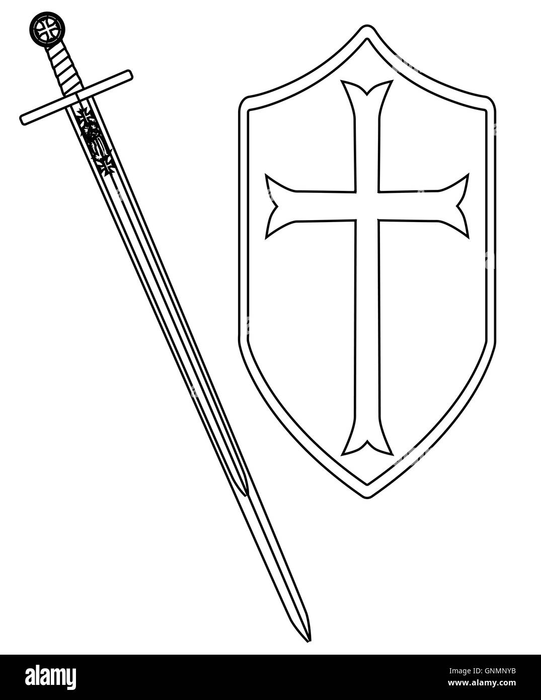 Kreuzritter Schwert und Schild Gliederung Stock Vektor