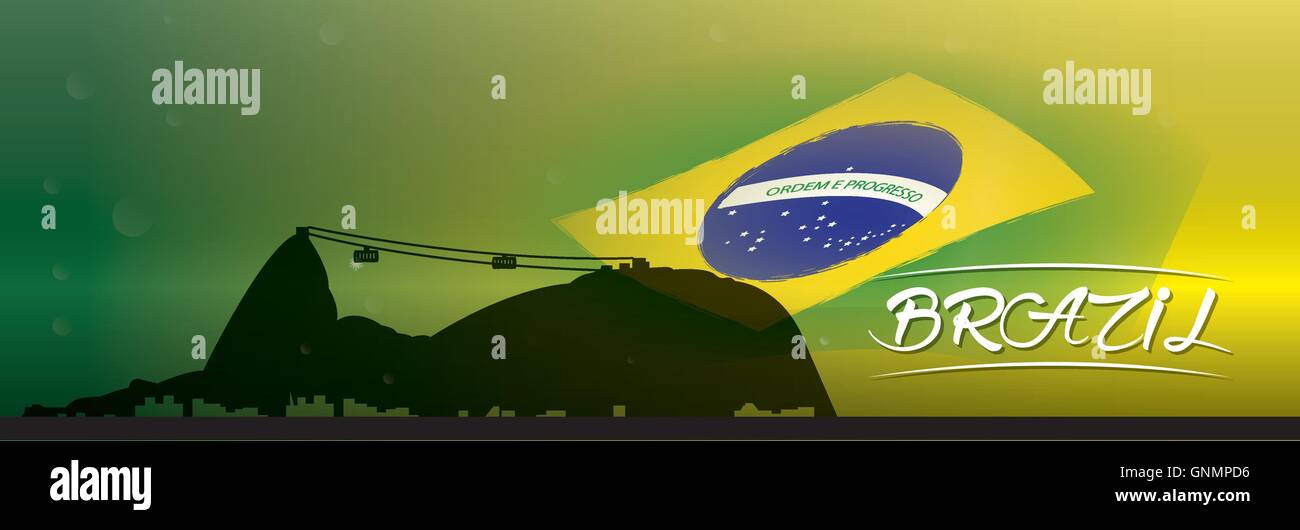 Farbige Banner mit Texten, die brasilianische Flagge und die Seilbahn von Rio De janeiro Stock Vektor