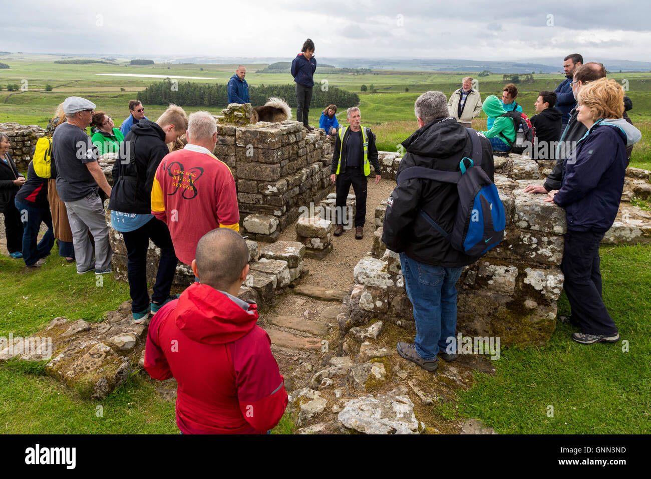 Northumberland, England, Vereinigtes Königreich.  Anleitung erklärt, antiken Lebens in Housesteads römischen Festung (Vercovicium). Stockfoto