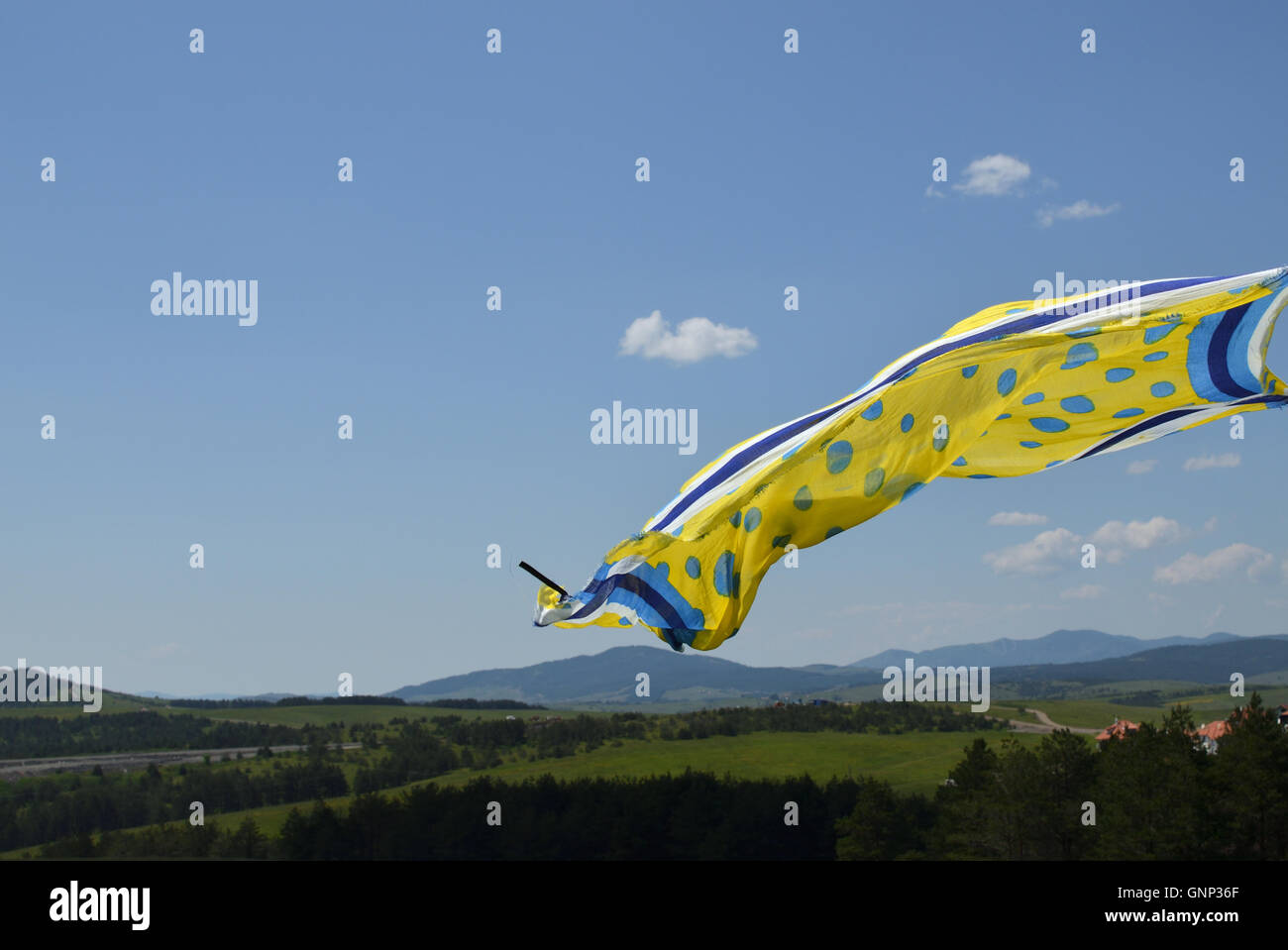 Gelbe und blaue Schal winken im Wind gegen blauen Himmel mit Frühlingslandschaft im Hintergrund Stockfoto