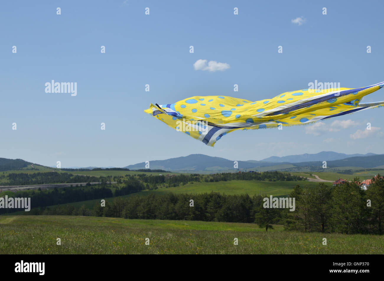 Wind weht und winken gelben und blauen Schal in Landschaft Stockfoto