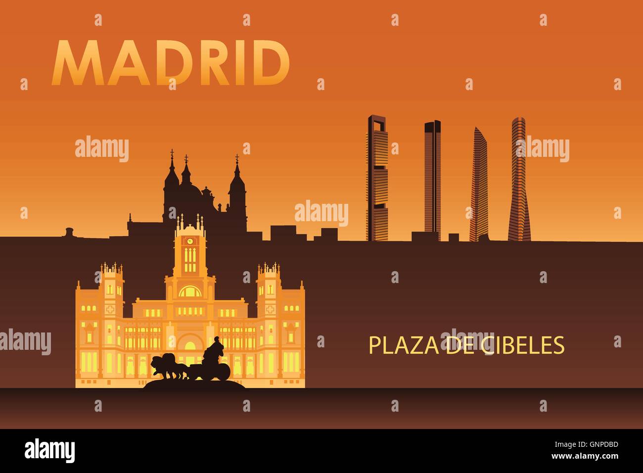Madrid Sehenswürdigkeiten der Stadt in der Nacht Vektor-Illustration. Kybele-Palast. Stock Vektor