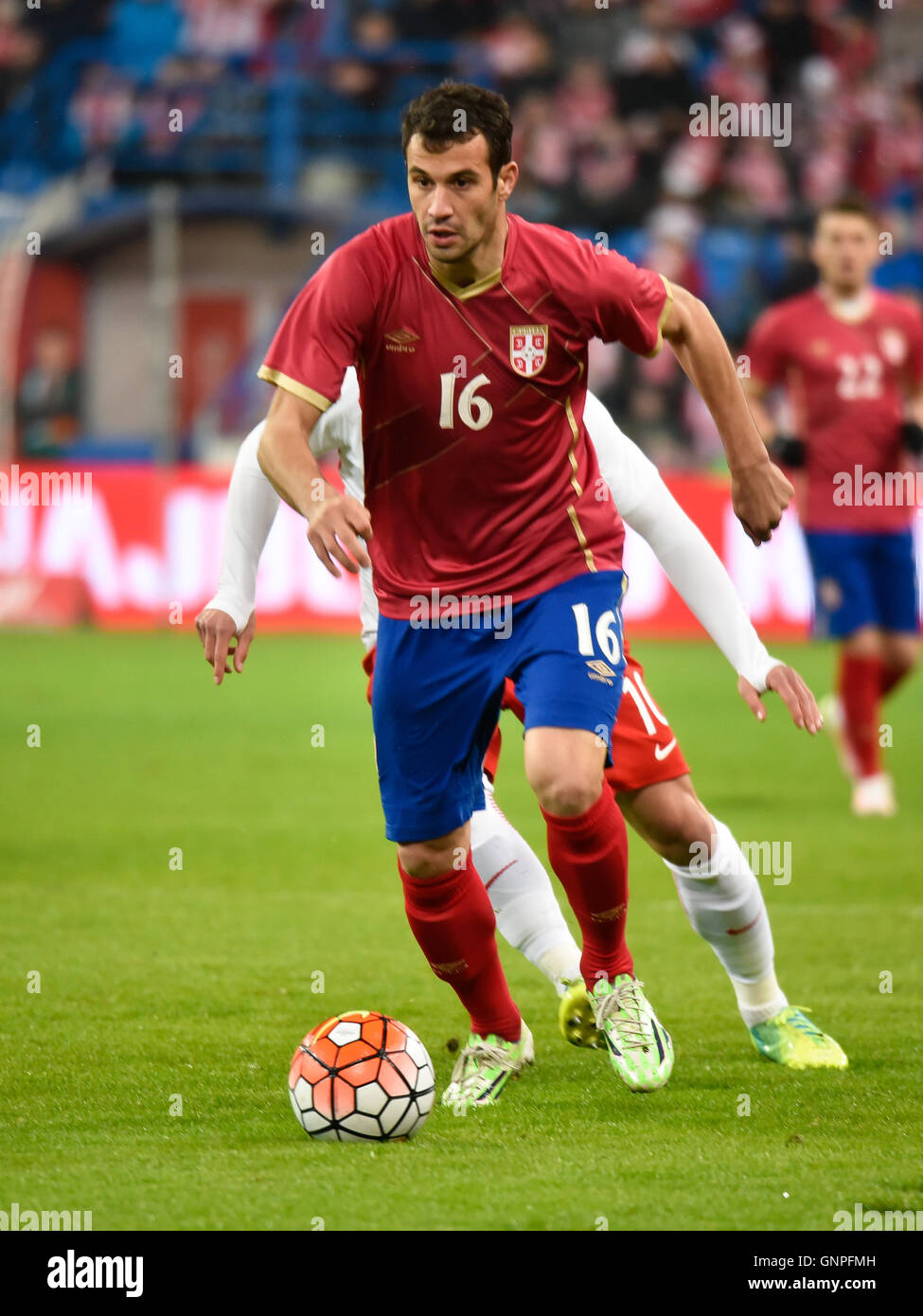 Posen, Polen - 23. März 2016: Luka Milivojevic in Aktion während internationaler Fußball Freundschaftsspiel Polen Vs Serbien 1:0. Stockfoto