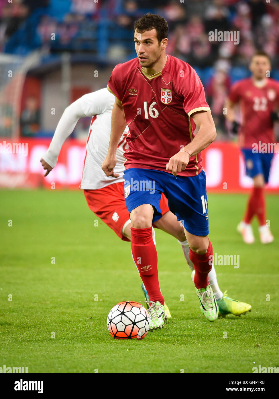 Posen, Polen - 23. März 2016: Luka Milivojevic in Aktion während internationaler Fußball Freundschaftsspiel Polen Vs Serbien 1:0. Stockfoto