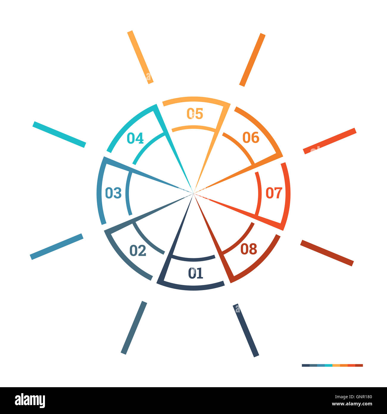 Infografik-Pie Chart Vorlage bunten Kreis von Linien mit Textbereiche auf 8 Positionen für Workflow, Banner, Diagramm Stockfoto