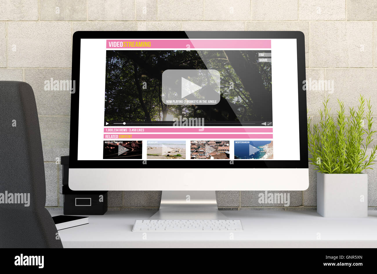 3D-Rendering des Arbeitsbereichs mit Computer zeigt Video-Streaming-Website. Alle Bildschirm-Grafiken bestehen. Stockfoto
