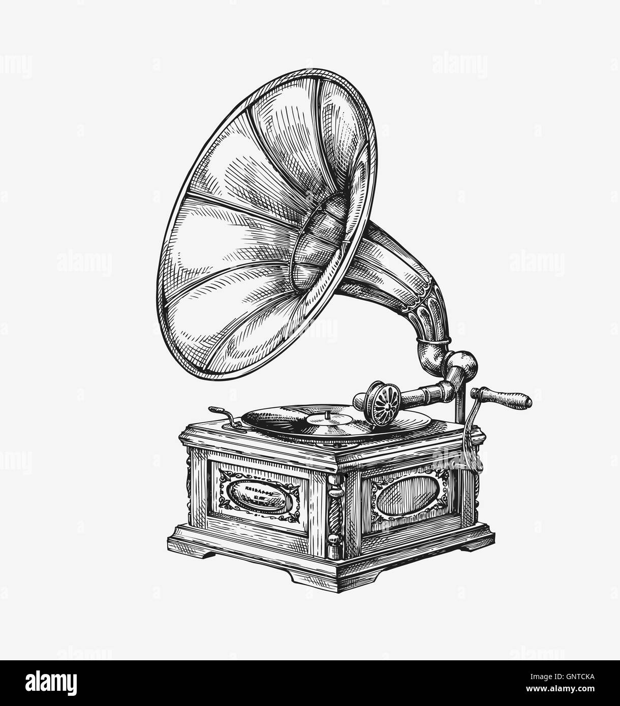 Handgezeichnete Vintage Grammophon. Skizzieren Sie Musik. Vektor-illustration Stock Vektor