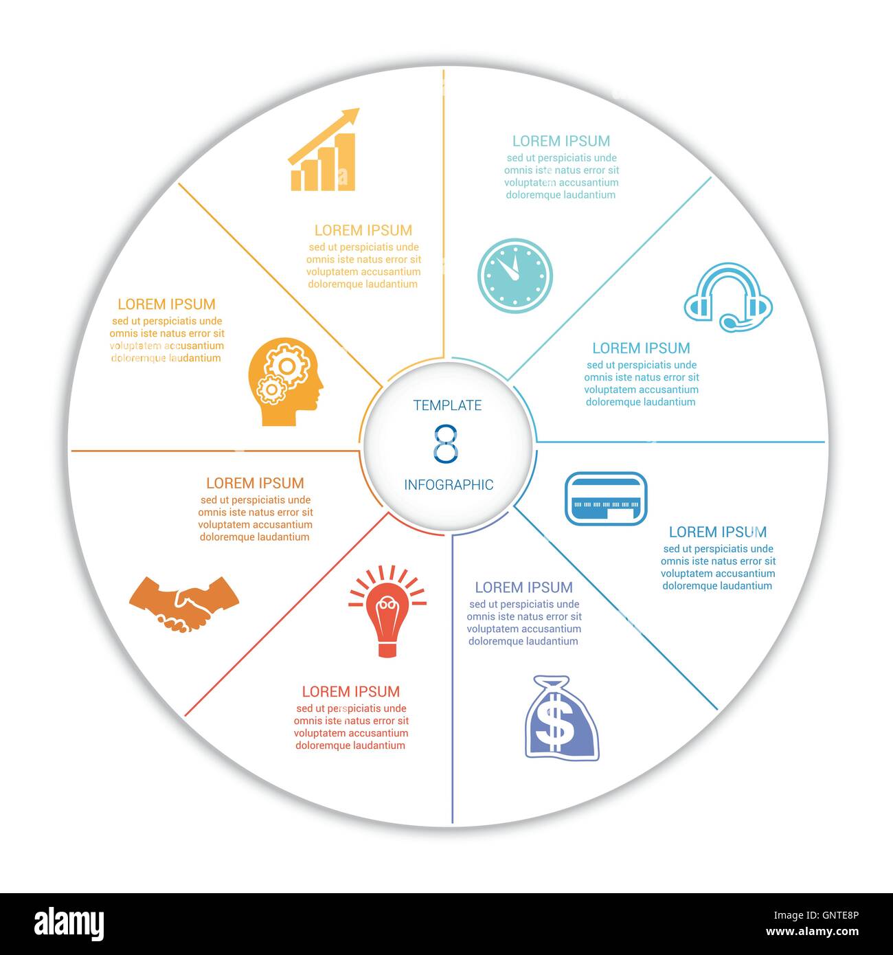 Infografik von farbigen Linien acht Stellung Flächendiagramm Stock Vektor