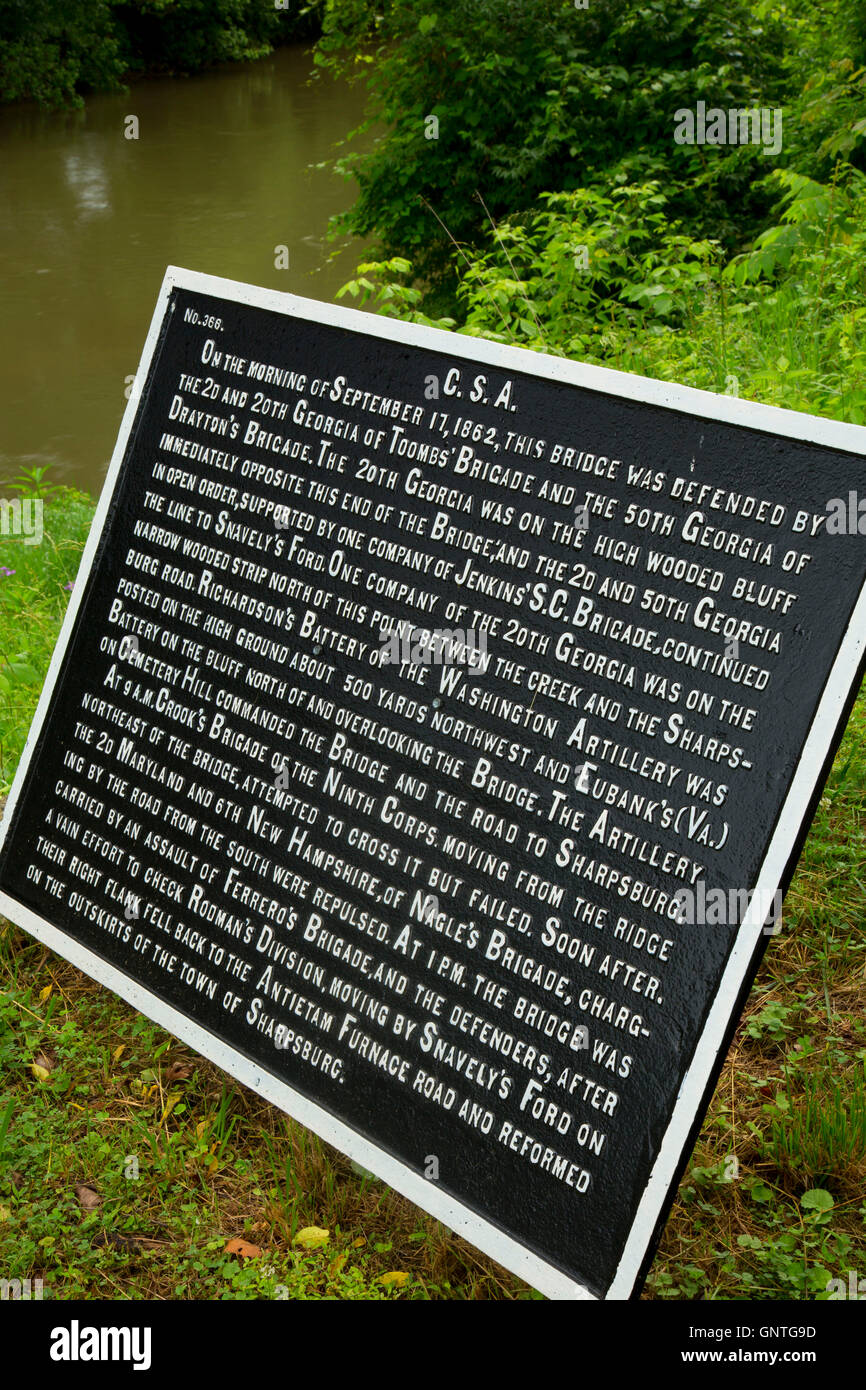 Interpretierende Board bei Burnside Bridge, Antietam National Battlefield, Maryland Stockfoto
